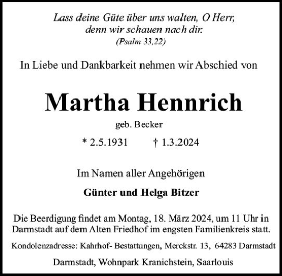 Traueranzeige von Martha Hennrich von Darmstädter Echo