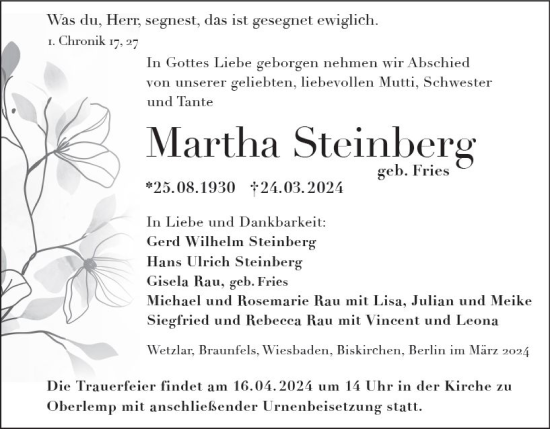Traueranzeige von Martha Steinberg von Wetzlarer Neue Zeitung