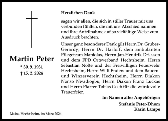 Traueranzeige von Martin Peter von Allgemeine Zeitung Mainz