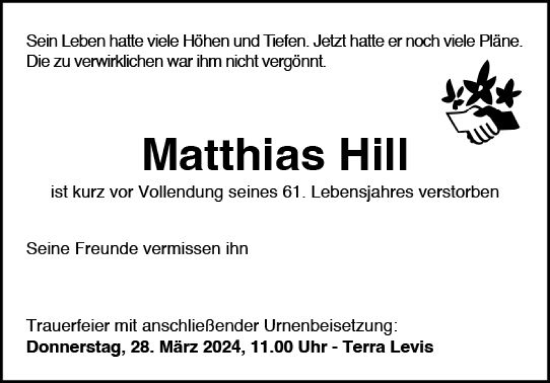 Traueranzeige von Matthias Hill von Wiesbadener Kurier