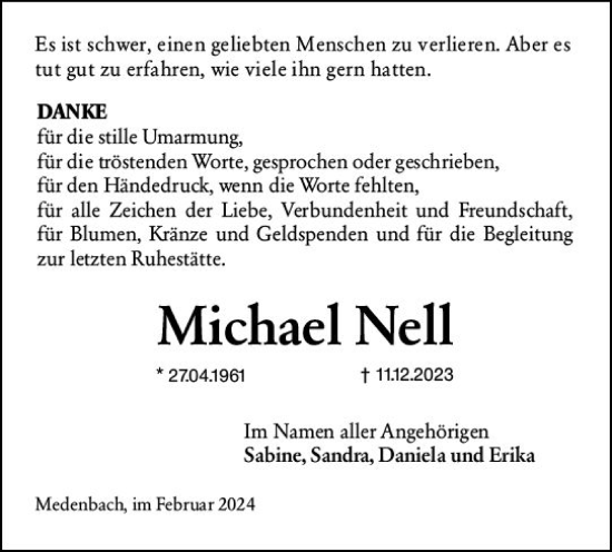 Traueranzeige von Michael Nell von Dill Block