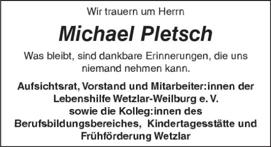 Traueranzeige von Michael Pletsch von Weilburger Tageblatt