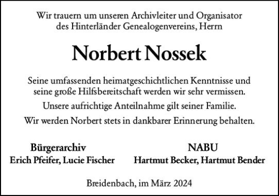 Traueranzeige von Norbert Nossek von Hinterländer Anzeiger