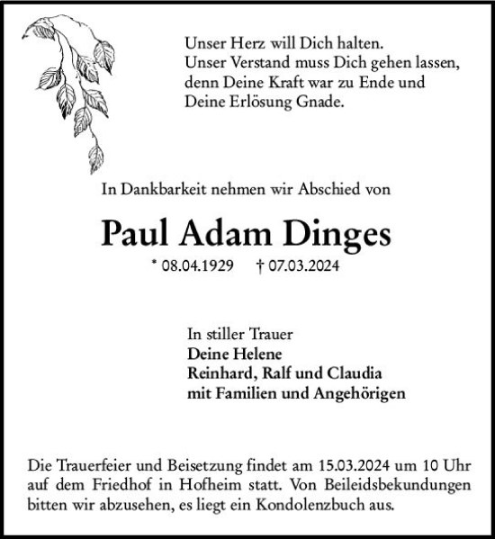 Traueranzeige von Paul Adam Dinges von Starkenburger Echo