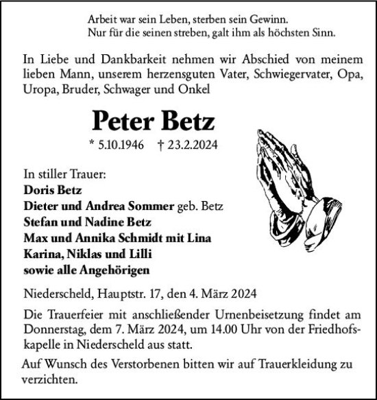 Traueranzeige von Peter Betz von Dill Block