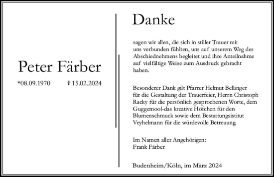 Traueranzeige von Peter Färber von Allgemeine Zeitung Mainz