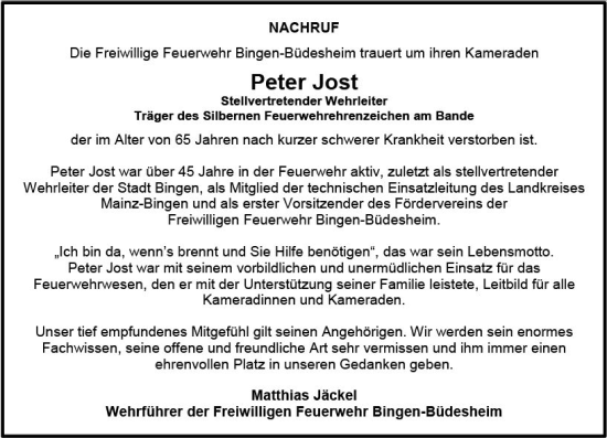 Traueranzeige von Peter Jost von Allgemeine Zeitung Bingen/Ingelheim