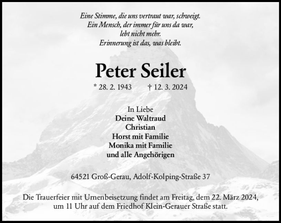 Traueranzeige von Peter Seiler von Groß-Gerauer Echo