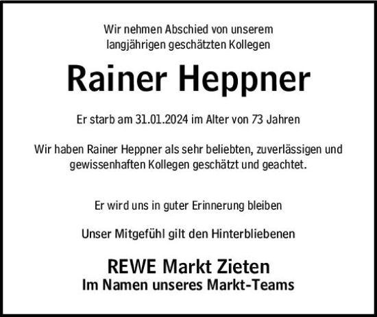 Traueranzeige von Rainer Heppner von Dill Block