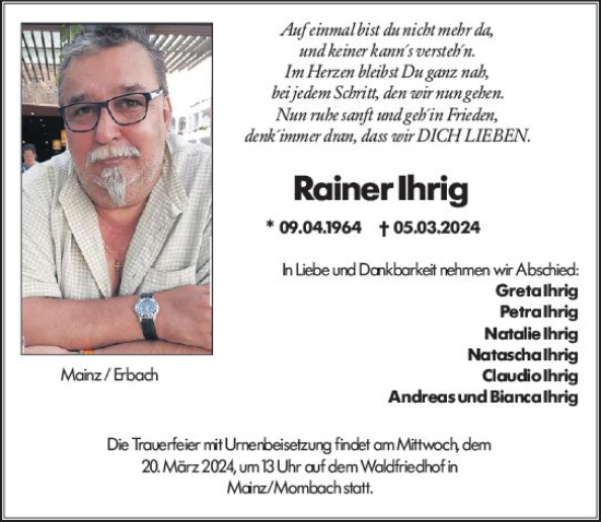 Traueranzeige von Rainer Ihrig von Odenwälder Echo