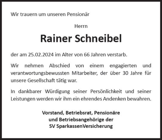 Traueranzeige von Rainer Schneibel von Wiesbadener Kurier