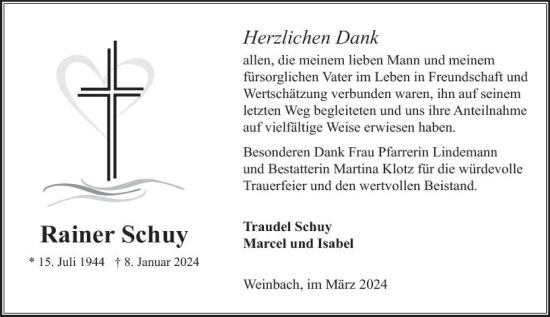 Traueranzeige von Rainer Schuy von Weilburger Tageblatt