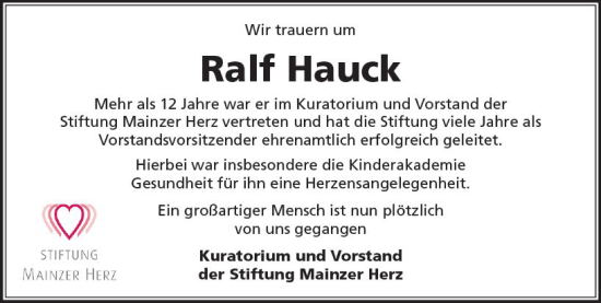 Traueranzeige von Ralf Hauck von Allgemeine Zeitung Mainz