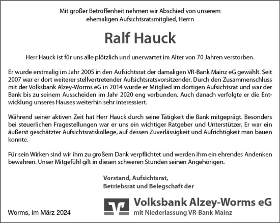 Traueranzeige von Ralf Hauck von Allgemeine Zeitung Mainz