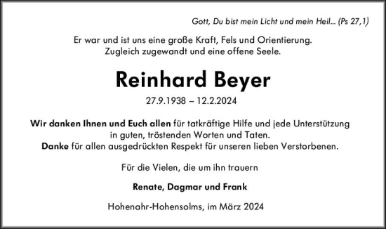 Traueranzeige von Reinhard Beyer von Wetzlarer Neue Zeitung