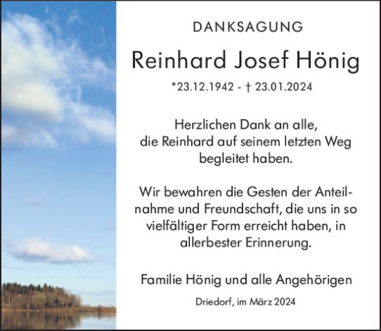 Traueranzeige von Reinhard Josef Hönig von Dill Block