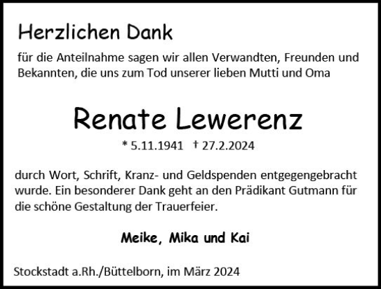 Traueranzeige von Renate Lewerenz von Groß-Gerauer Echo