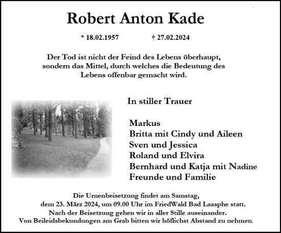 Traueranzeige von Robert Anton Kade von Hinterländer Anzeiger
