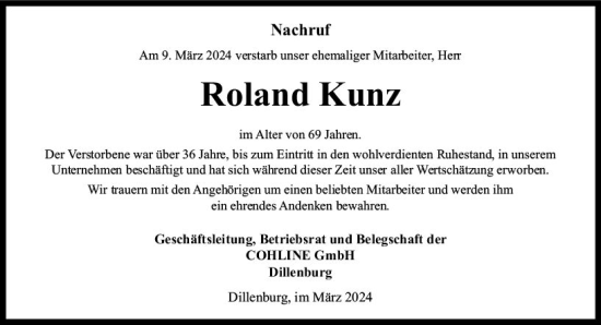 Traueranzeige von Roland Kunz von Dill Block