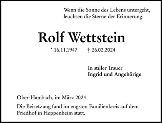 Traueranzeige von Rolf Wettstein von Starkenburger Echo