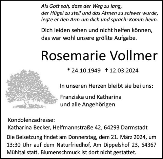 Traueranzeige von Rosemarie Vollmer von Darmstädter Echo