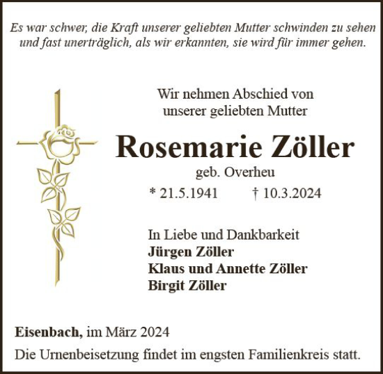 Traueranzeige von Rosemarie Zöller von Camberger Anzeiger