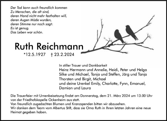 Traueranzeige von Ruth Reichmann von Binger-/Ingelheimer Wochenblatt