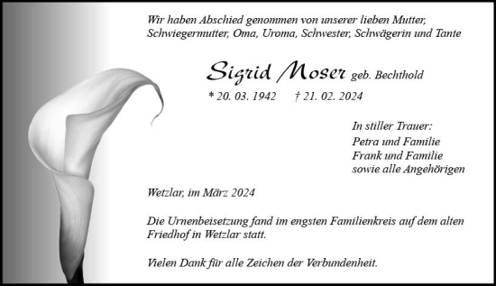 Traueranzeige von Sigrid Moser von Wetzlarer Neue Zeitung