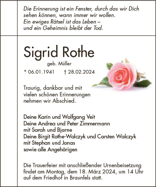 Traueranzeige von Sigrid Rothe von Wetzlarer Neue Zeitung
