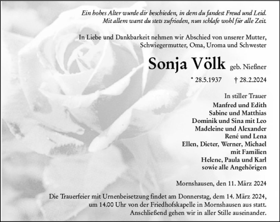 Traueranzeige von Sonja Völk von Hinterländer Anzeiger