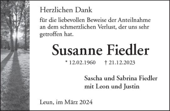 Traueranzeige von Susanne Fiedler von Wetzlarer Neue Zeitung