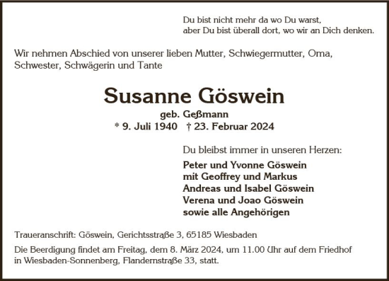 Traueranzeige von Susanne Göswein von Wiesbadener Kurier