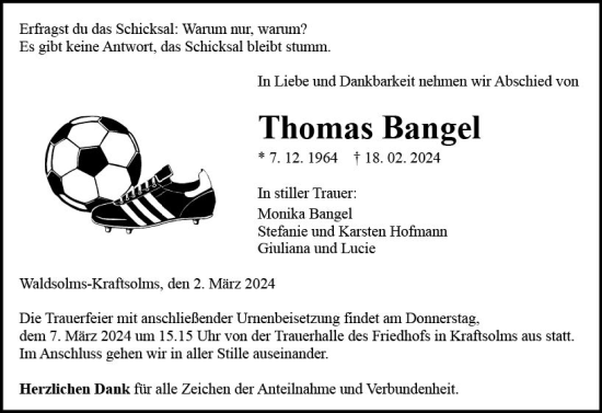 Traueranzeige von Thomas Bangel von Wetzlarer Neue Zeitung