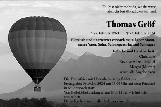 Traueranzeige von Thomas Gröf von Wetzlarer Neue Zeitung