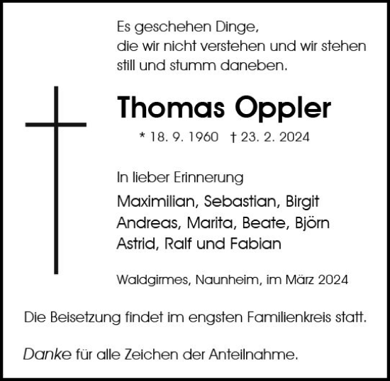 Traueranzeige von Thomas Oppler von Wetzlarer Neue Zeitung