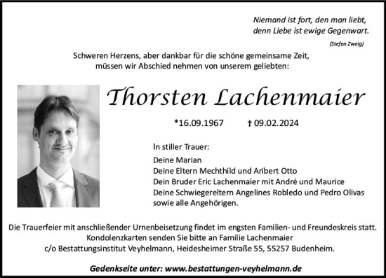 Traueranzeige von Thorsten Lachenmaier von Allgemeine Zeitung Bingen/Ingelheim
