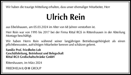 Traueranzeige von Ulrich Rein von Dill Block