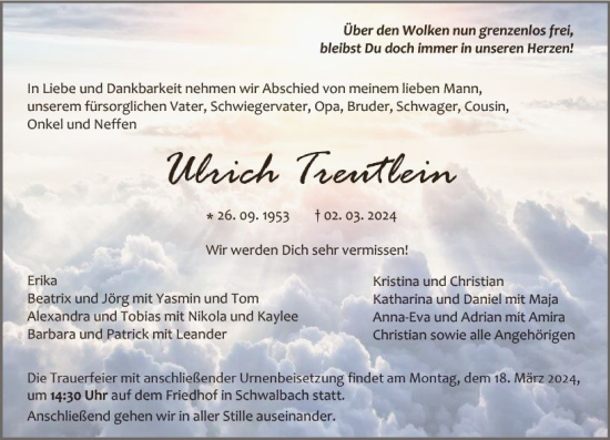 Traueranzeige von Ulrich Treutlein von Wetzlarer Neue Zeitung