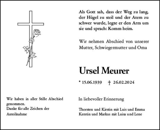 Traueranzeige von Ursel Meurer von Weilburger Tageblatt