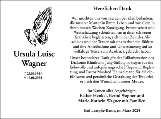 Traueranzeige von Ursula Luise Wagner von Hinterländer Anzeiger