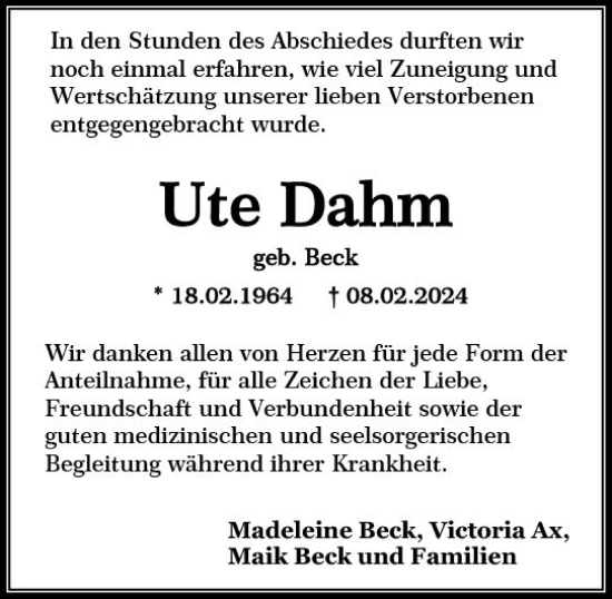Traueranzeige von Ute Dahm von Nassauische Neue Presse