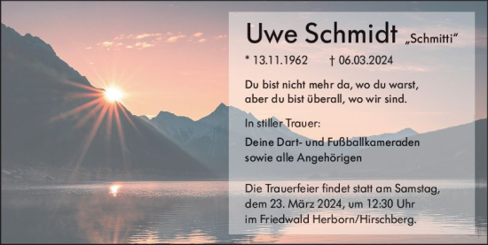 Traueranzeige von Uwe Schmidt von Dill Block