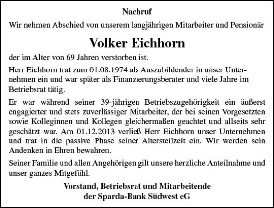 Traueranzeige von Volker Eichhorn von Allgemeine Zeitung Mainz