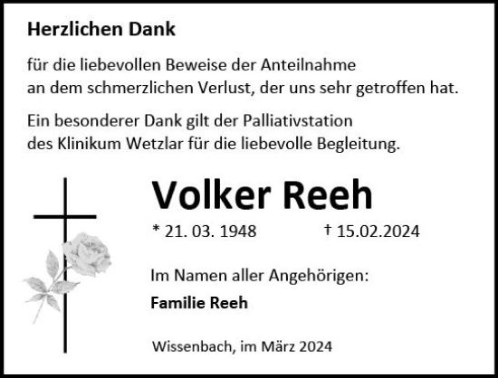 Traueranzeige von Volker Reeh von Dill Block