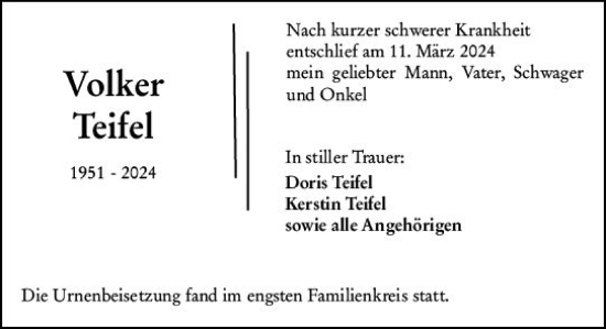 Traueranzeige von Volker Teifel von Darmstädter Echo