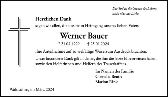 Traueranzeige von Werner Bauer von Wetzlarer Neue Zeitung