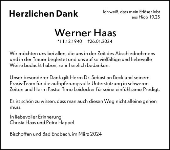 Traueranzeige von Werner Haas von Hinterländer Anzeiger