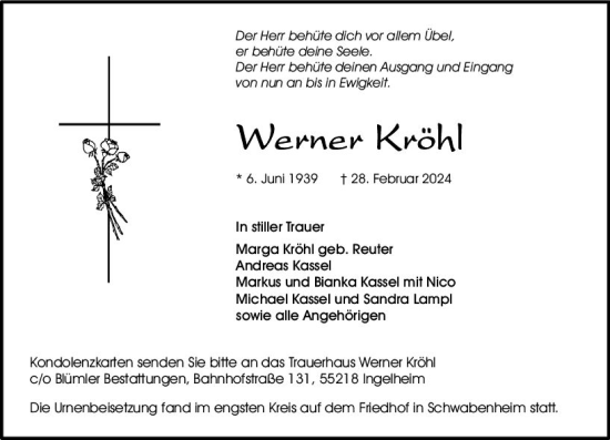 Traueranzeige von Werner Kröhl von Allgemeine Zeitung Bingen/Ingelheim