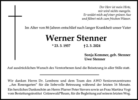 Traueranzeige von Werner Stenner von Allgemeine Zeitung Mainz