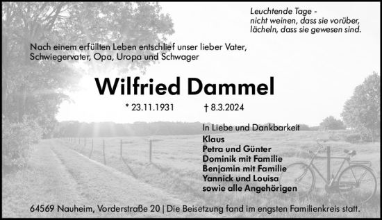 Traueranzeige von Wilfried Dammel von Rüsselsheimer Echo